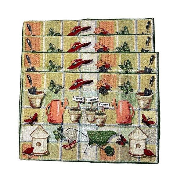 Table Placemats Garden Spring Tapestry Set of 4 Green Gold 12" x 19" - Picture 2 of 9